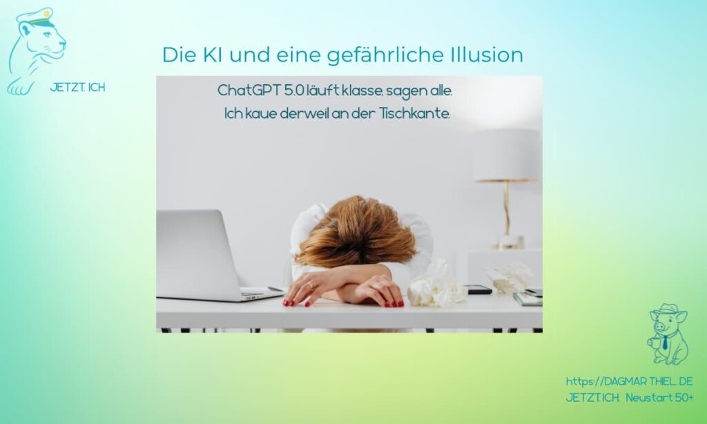 Frau am Schreibtisch, verzweifelt, weil chatgpt nicht funktioniert: Dagmar Thiel, Coaching 50+