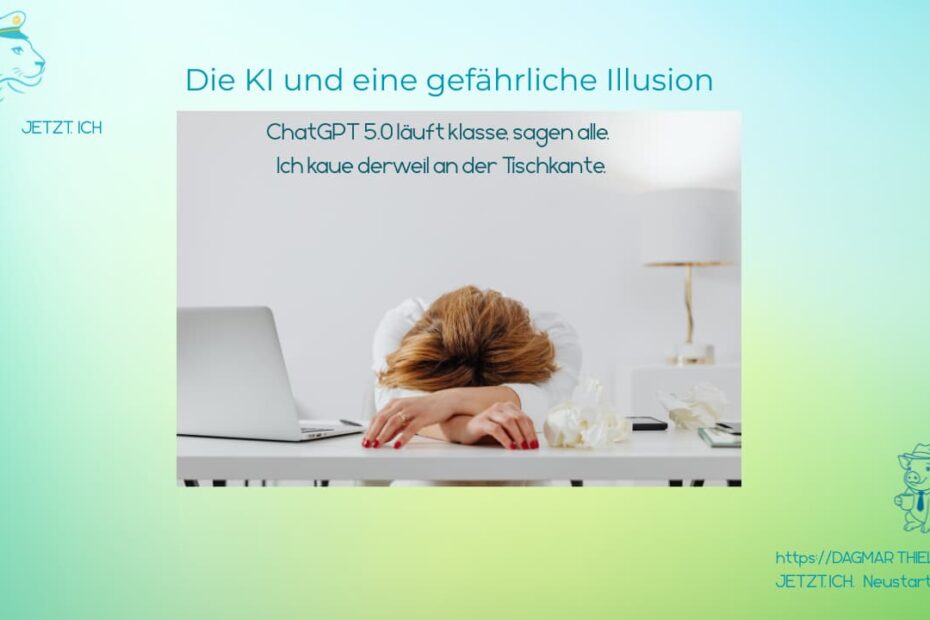 Frau am Schreibtisch, verzweifelt, weil chatgpt nicht funktioniert: Dagmar Thiel, Coaching 50+