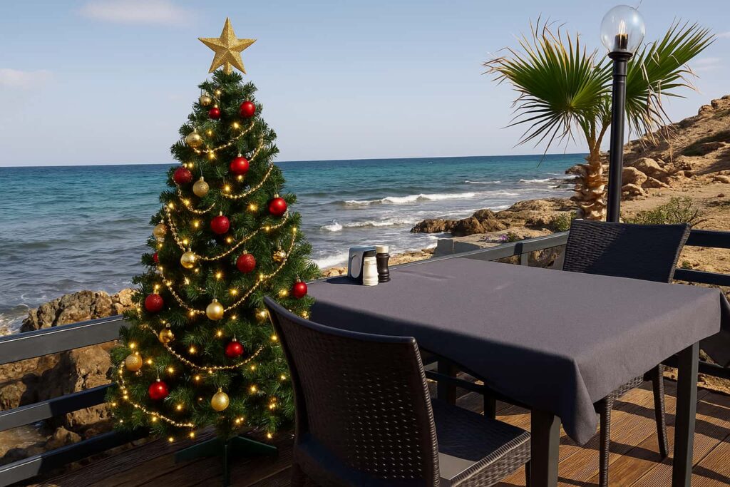 weihnachtsbaum in der Sonne an der Küste, symbol für auswandern neustart50