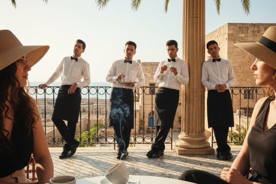 Zwei Frauen im sonnigen Mittelmeer-Café, leergegessene Teller, rauchender Aschenbecher. Im Hintergrund stehen Kellner untätig an einer Säule unter Palmen.