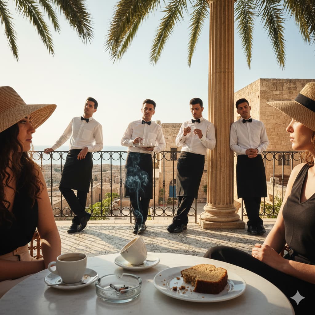 Zwei Frauen im sonnigen Mittelmeer-Café, leergegessene Teller, rauchender Aschenbecher. Im Hintergrund stehen Kellner untätig an einer Säule unter Palmen.