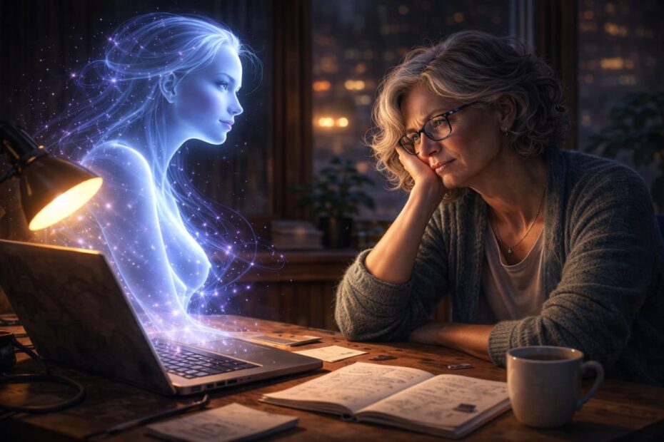 Frau am Laptop mit KI-Chat