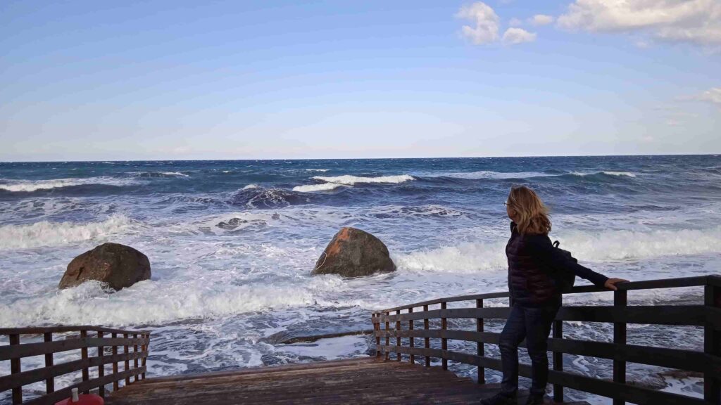 Frau am stürmischen Strand überlegend. Neustart50