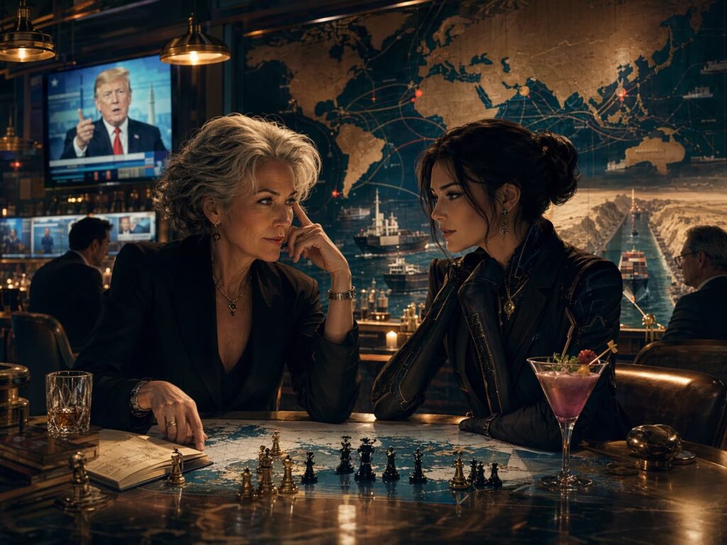 Zwei Frauen analysieren in einer dunklen Bar eine Weltkarte mit Handelsrouten und ein Schachbrett, während im Hintergrund politische Nachrichten laufen.
