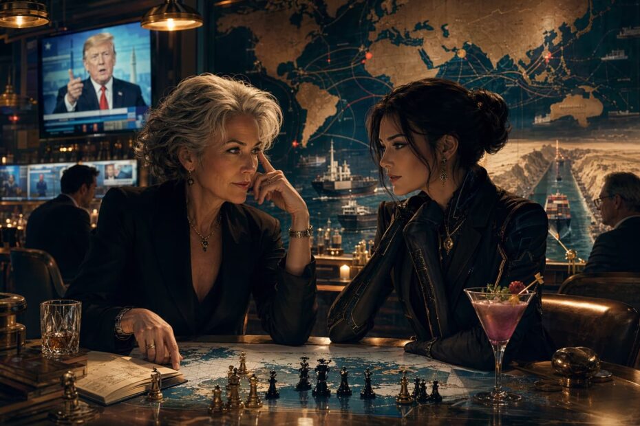 Zwei Frauen analysieren in einer dunklen Bar eine Weltkarte mit Handelsrouten und ein Schachbrett, während im Hintergrund politische Nachrichten laufen.
