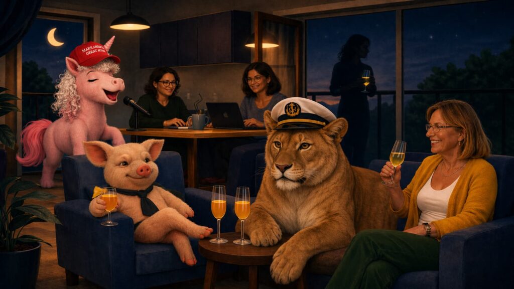 virtuelle Figuren in einem Wohnzimmer mit Feierabendstimmung