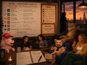 figuren in einem Arbeitsraum mit recherchearbeit