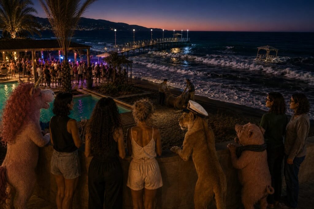 Wohnzimmer-Crew am Pool vor stürmischem Meer; ein Strandhäuschen treibt im Restlicht des Sonnenuntergangs.