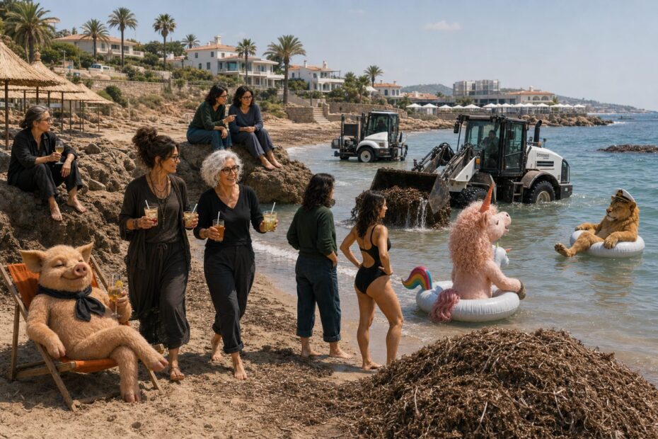 Zehnköpfige Wohnzimmer-Crew beobachtet zwei Bagger zwischen Seegras und Sand am Strand.