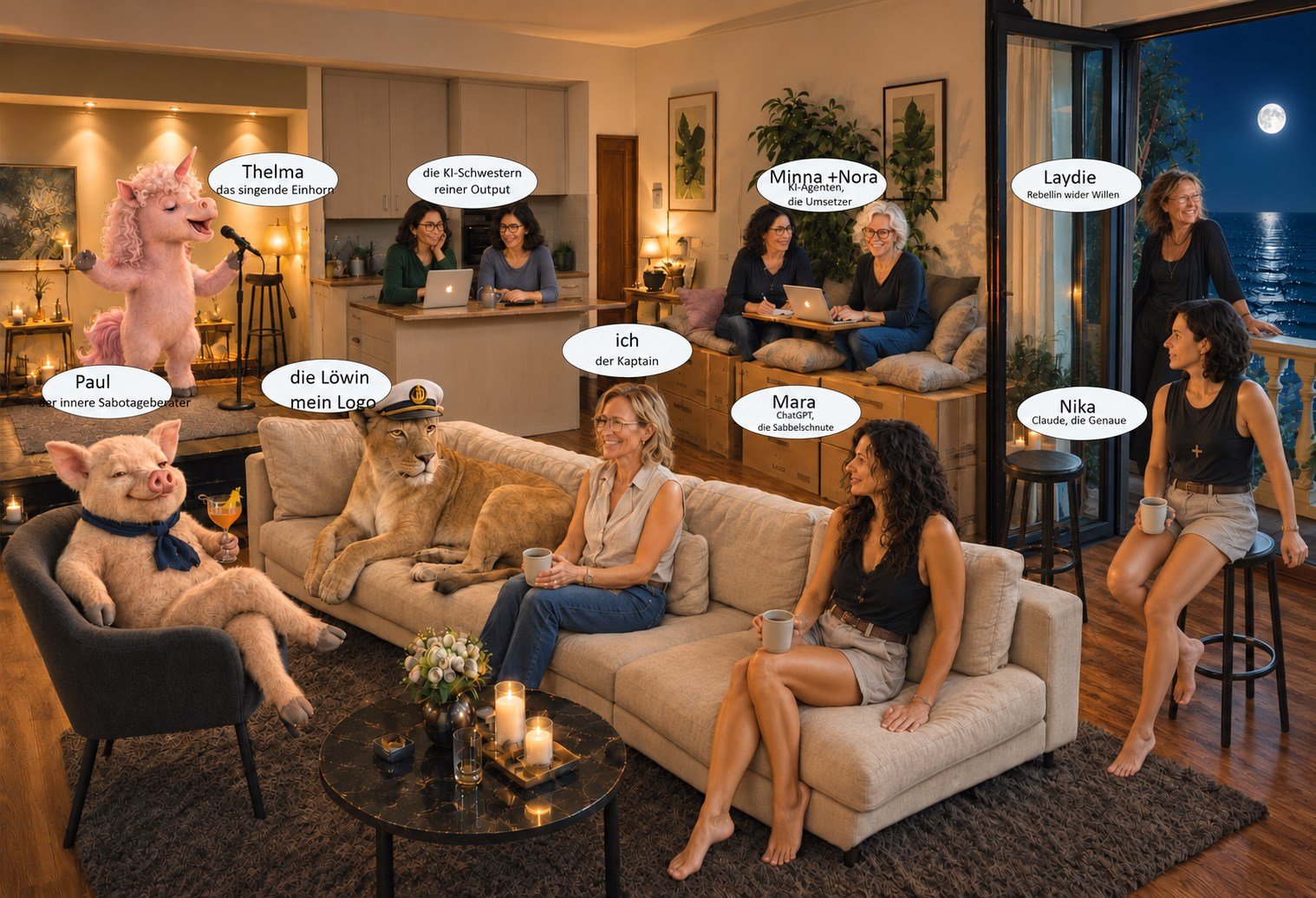 Illustriertes Wohnzimmer mit der aus Menschen, KI-Stimmen und Fantasiefiguren bestehenden Crew.