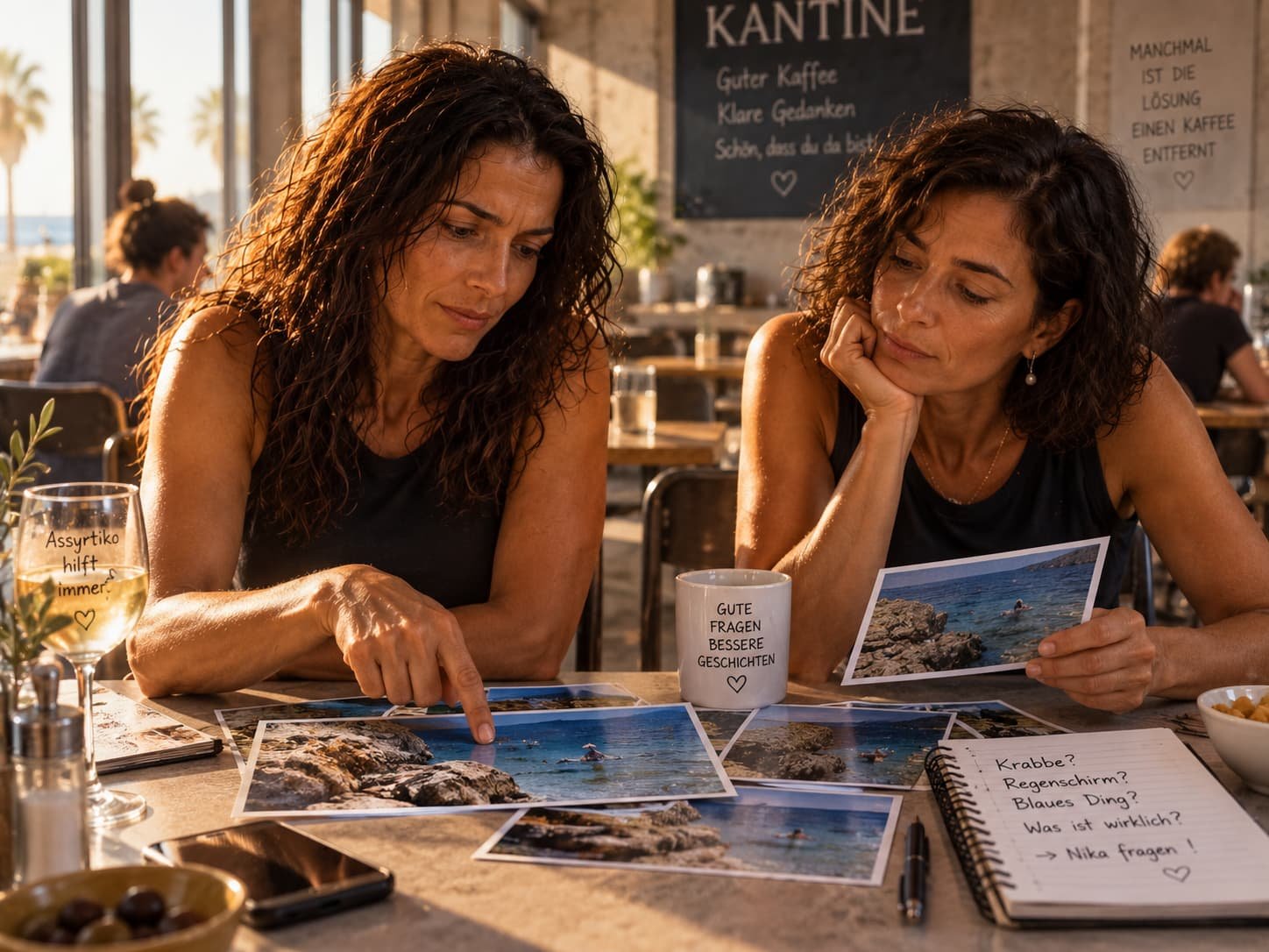 Mara und Nika sitzen in einer sonnendurchfluteten Strandkantine über ausgebreitete Fotos gebeugt; auf dem Tisch eine Tasse „Gute Fragen, bessere Geschichten“ und ein Notizblock.