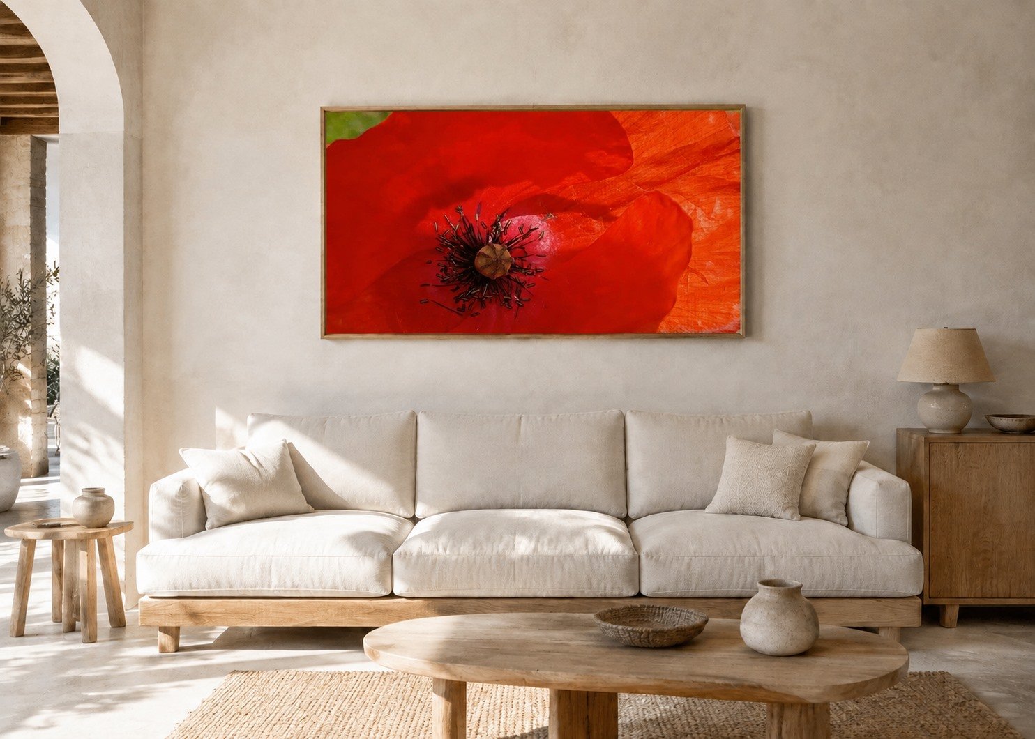 Mohnblüte in Rot im Wohnzimmer, 60 mal 90 Zentimeter ohne Passepartout