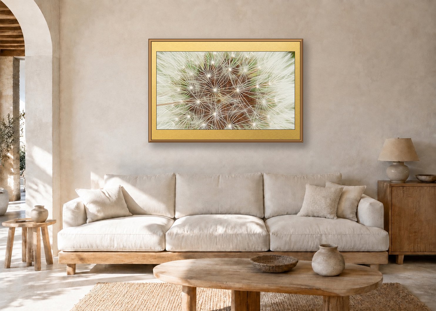 Pusteblume im Wohnzimmer, A1 auf goldfarbener Rückwand im Rahmen 61 mal 91 Zentimeter